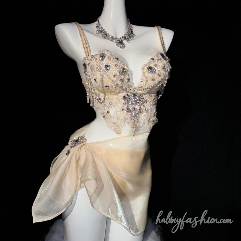 V neck beaded backless cami mini skrit set