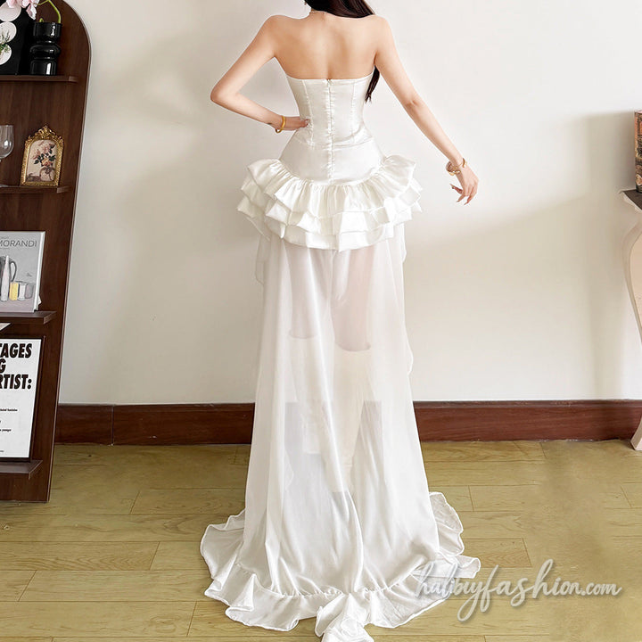 Ruffle chiffon slit button solid maxi skirt