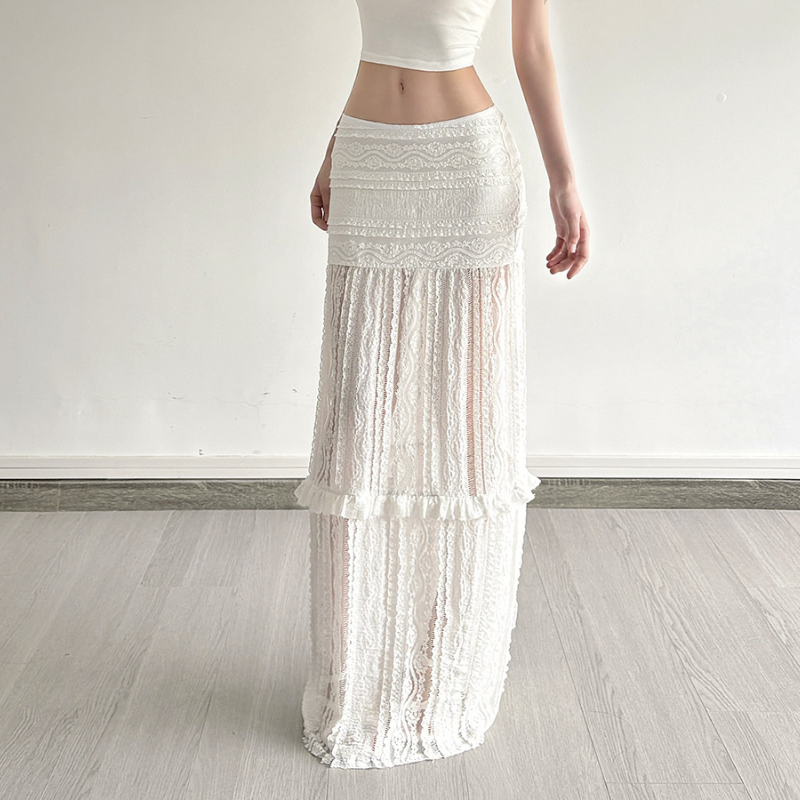 Lace ruffle solid hollow out cut out maxi skirt  | Festival Outfits Women