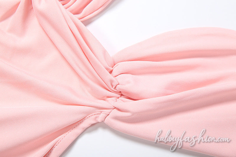 Ruched bowknot solid backless cami maxi dress