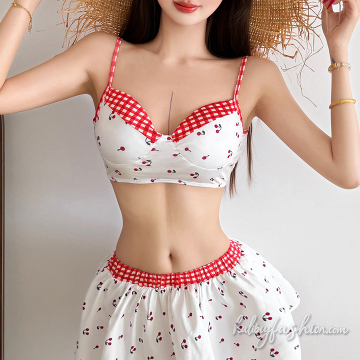 V neck plaid cherry print self tie cami top