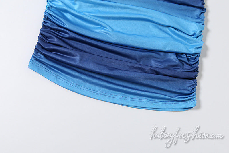 Ruched v neck gradient hollow out cami mini skirt set