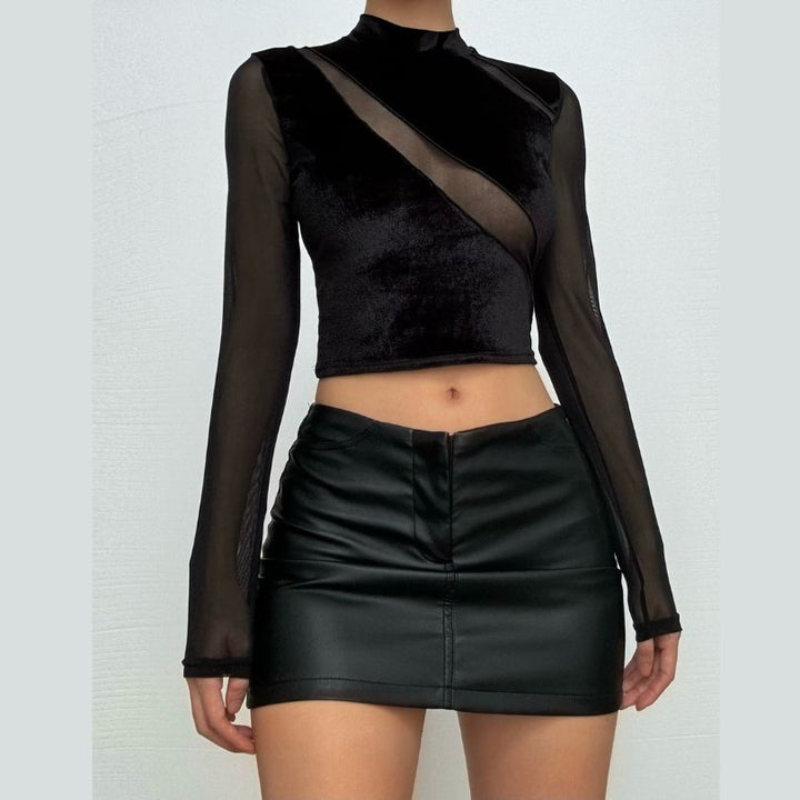 High neck mesh velvet patchwork long sleeve crop top | Mesh Long Sleeve Crop Top  | Festival Outfits Women