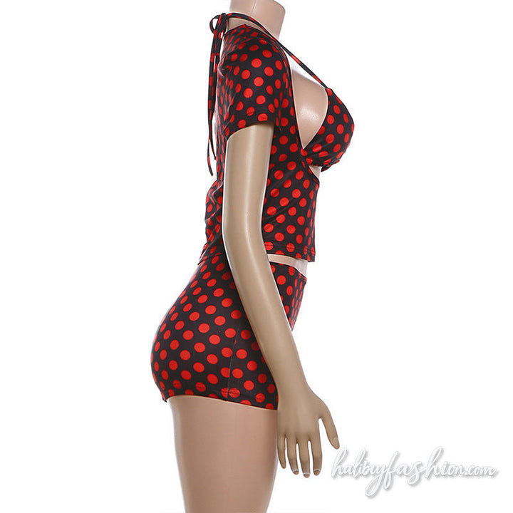 Polka dot short sleeve halter self tie pant set
