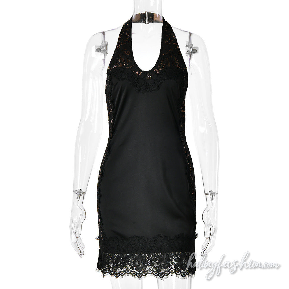 Lace hem halter u neck zip-up backless mini dress - Halibuy - 3