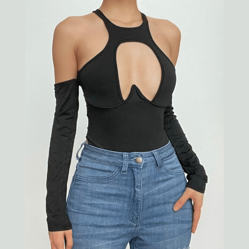 Hollow Out Zip-Up Long Sleeve Button Buckle Bodysuit