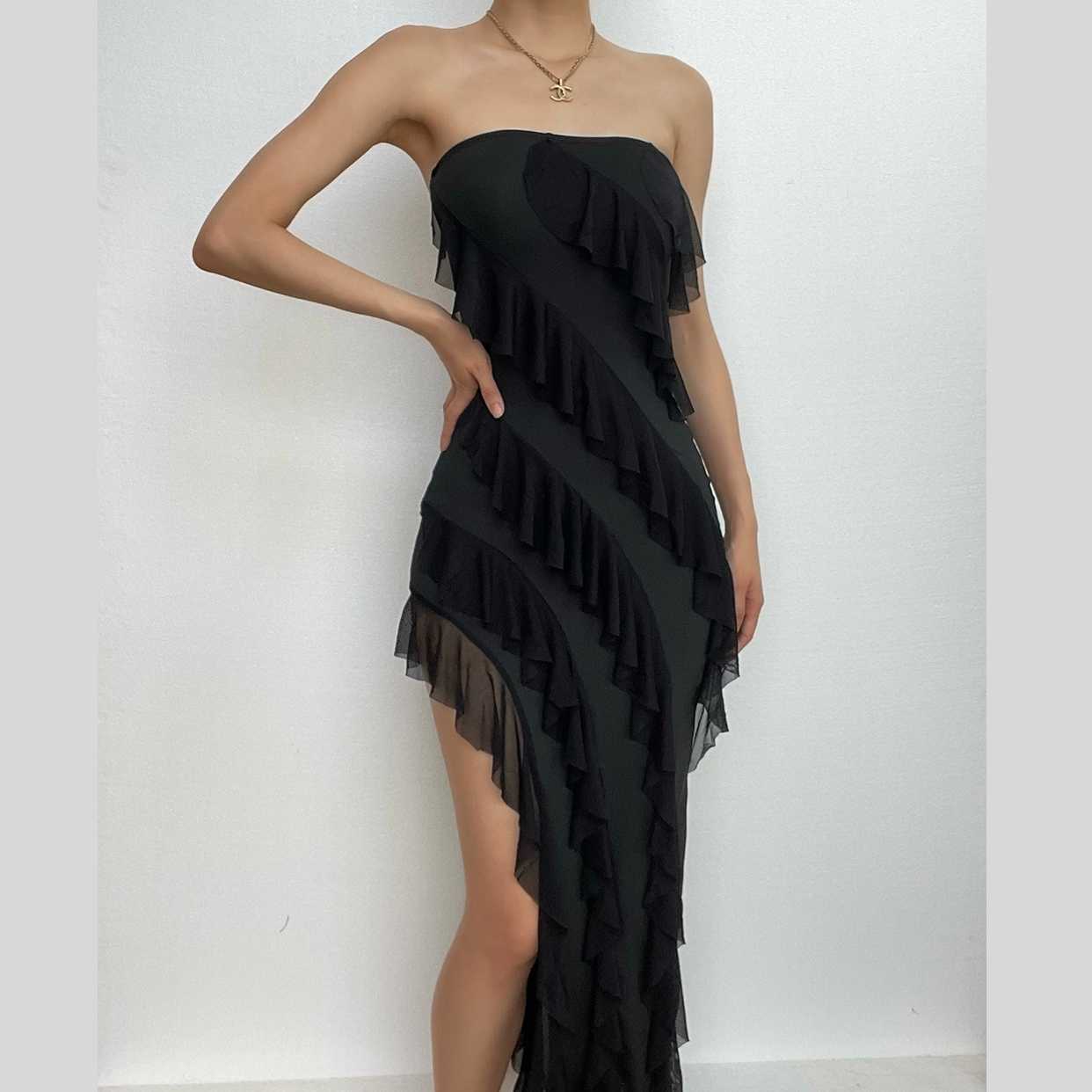 Irregular backless solid ruffle slit tube midi dress – Halibuy