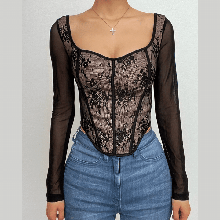 Lace contrast corset long sleeve zip-up self tie top  | Festival Outfits Women