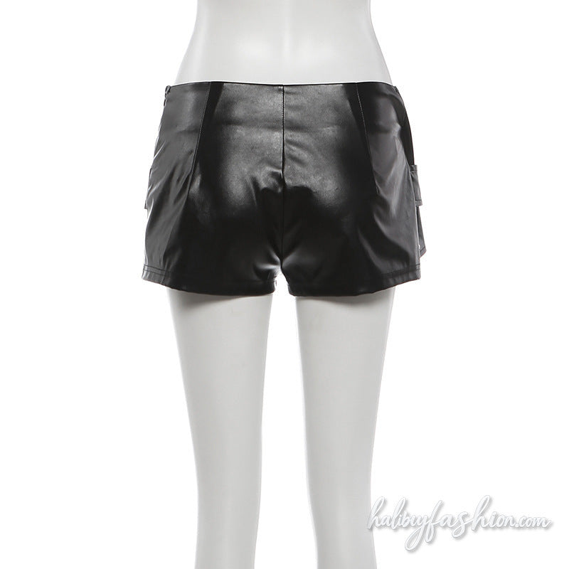 Buckle PU leather zip-up irregular short pant