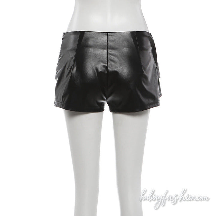 Buckle PU leather zip-up irregular short pant