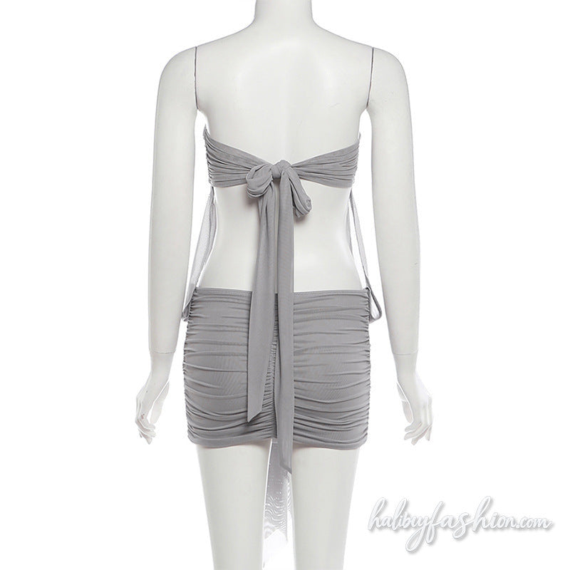 Mesh ruched feather applique self tie mini dress