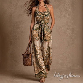 Print self tie ruffle pocket contrast jumpsuit