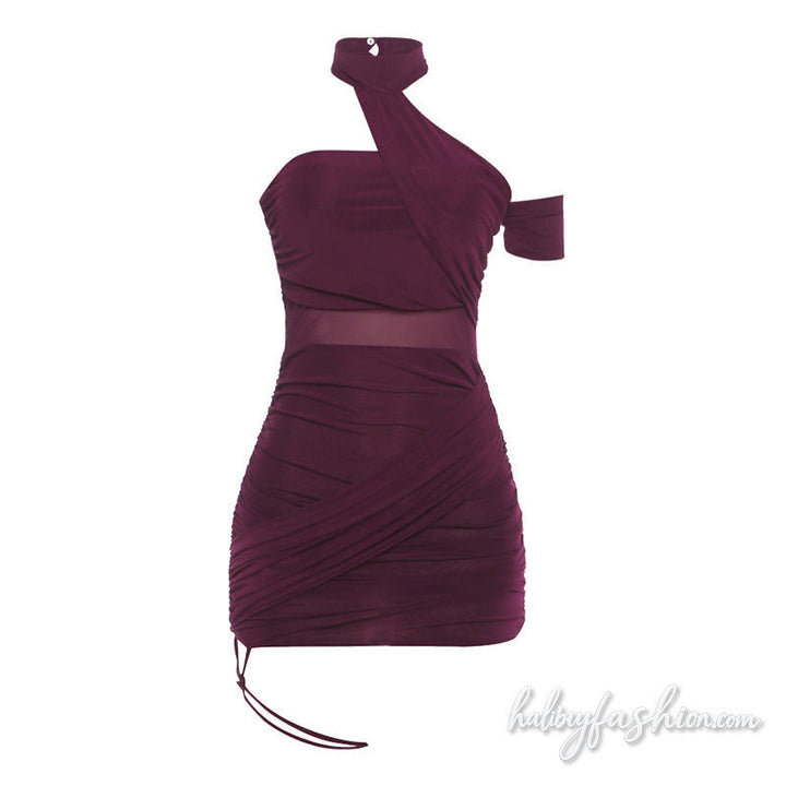 Halter ruched irregular mesh solid mini dress