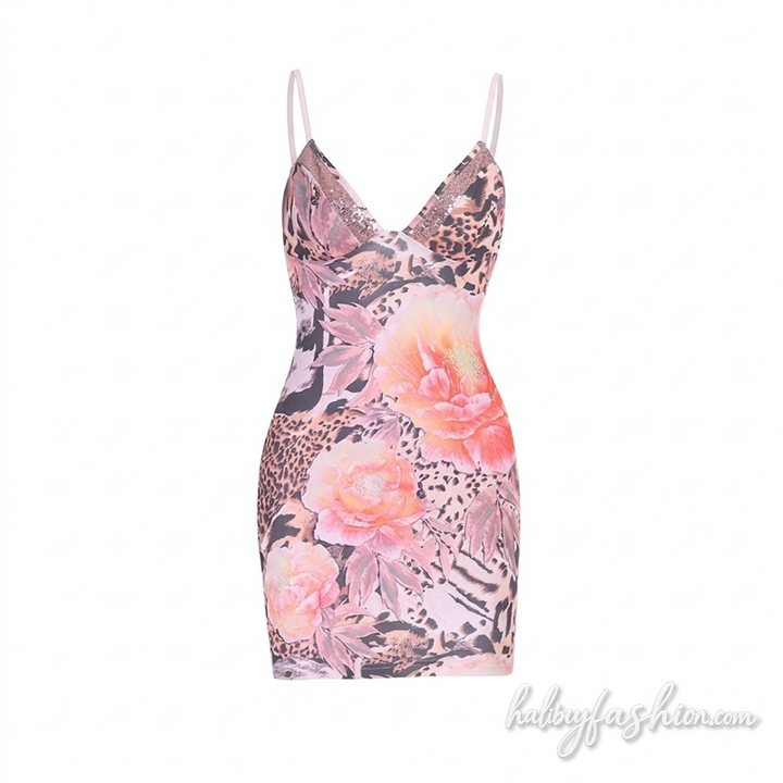 V neck flower print backless cami mini dress
