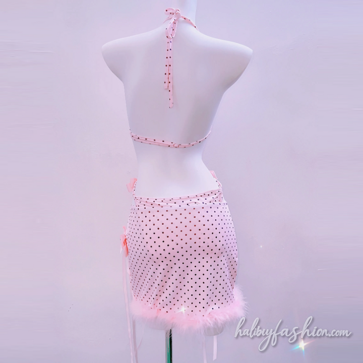 Polka dot halter self tie bowknot beaded mini skirt set