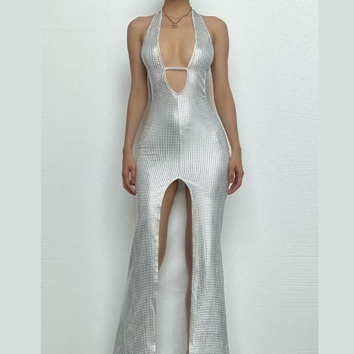 Halter deep V neck slit plaid hollow out cut out maxi dress-final-sale  | Festival Outfits Women