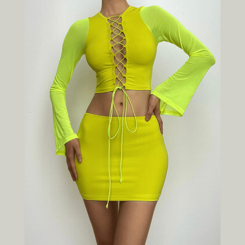 Long sleeve hollow out lace up mesh mini skirt set-final-sale  | Festival Outfits Women