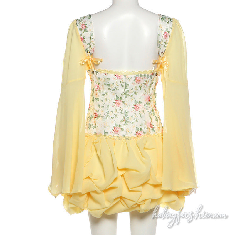 Long flared sleeve v neck flower print ruched mini dress - Halibuy - 5