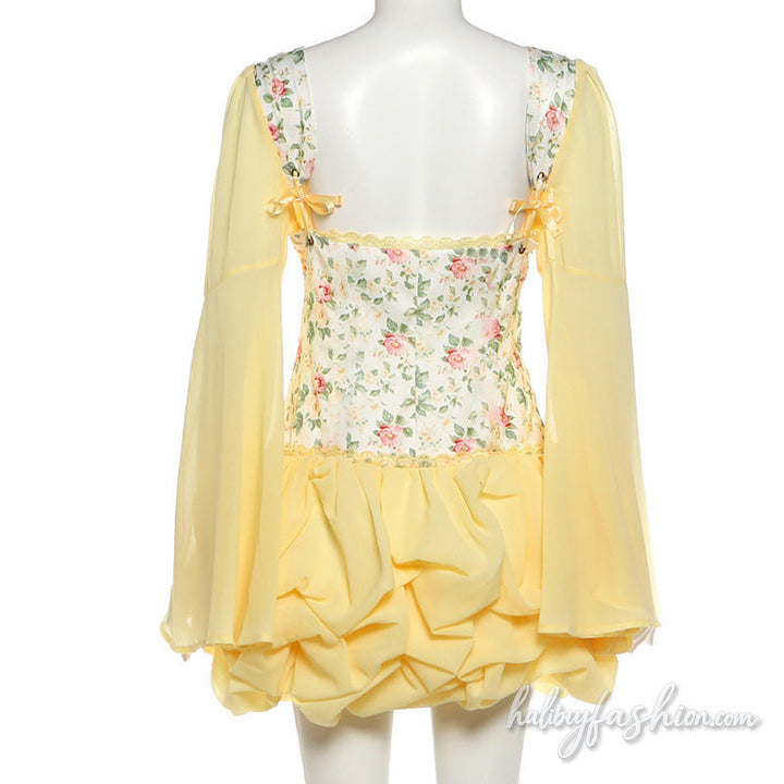 Long flared sleeve v neck flower print ruched mini dress - Halibuy - 5