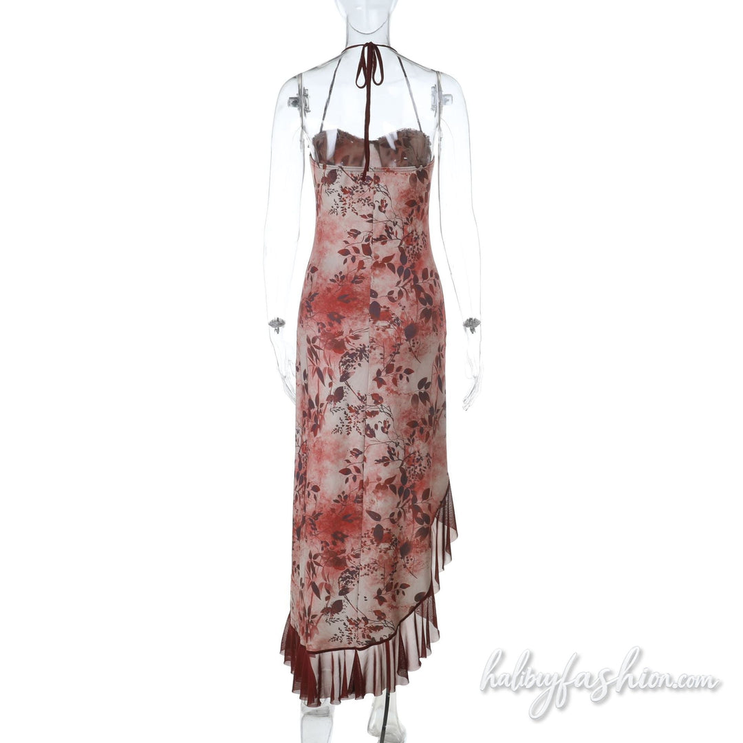 Irregular ruffle lace halter self tie maxi dress