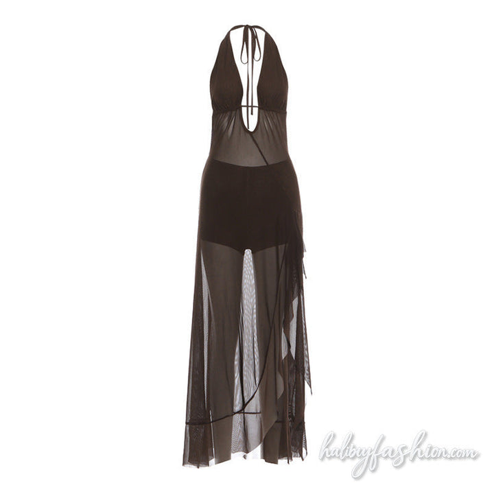 Halter self tie mesh slit irregular midi dress