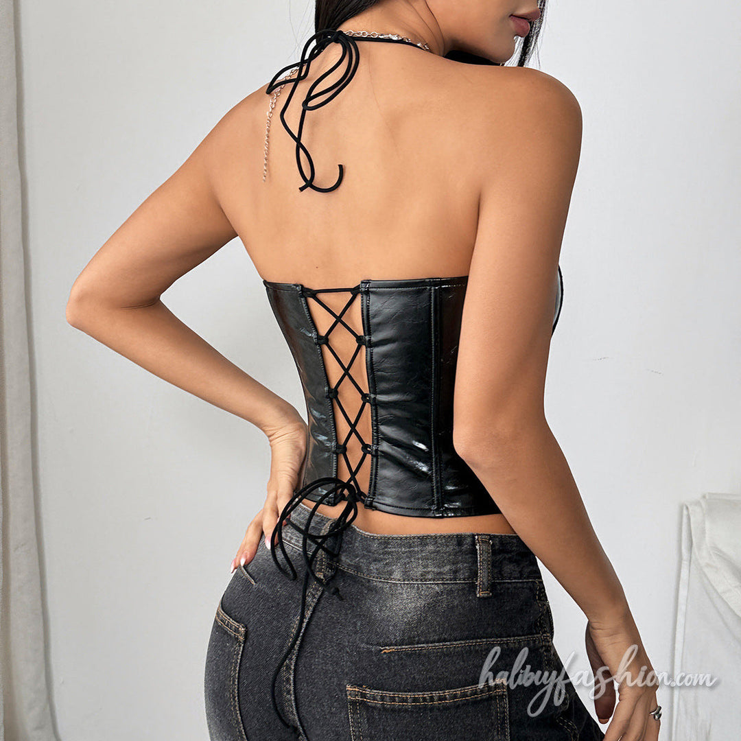 Hollow out self tie halter backless solid top