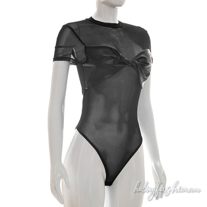 Crewneck short sleeve ruched mesh bodysuit