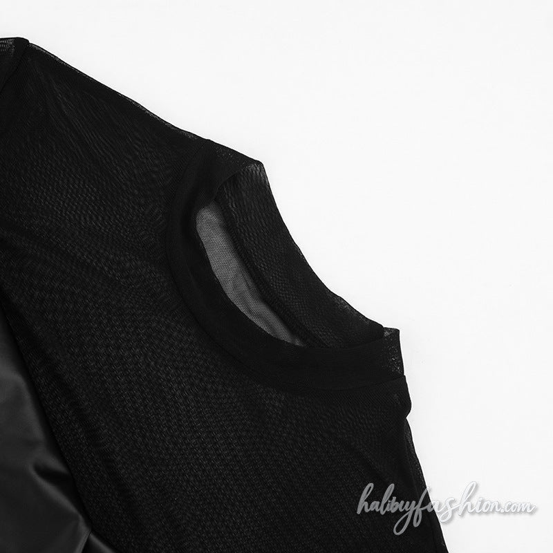 Crewneck short sleeve ruched mesh bodysuit