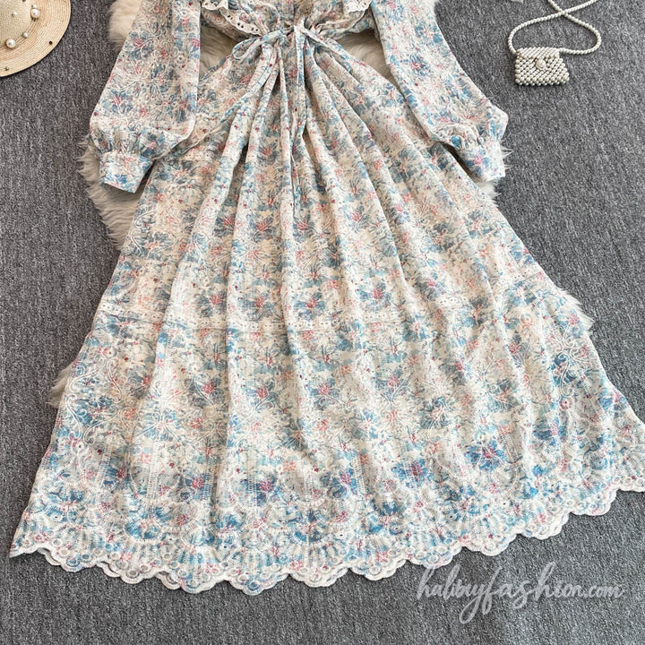 Long sleeve embroidery lace hem ruffle maxi dress