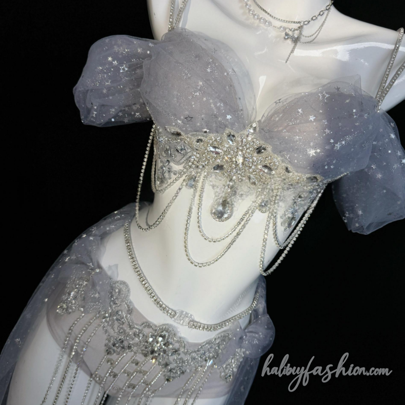 Glitter tassels mesh beaded cami pant set