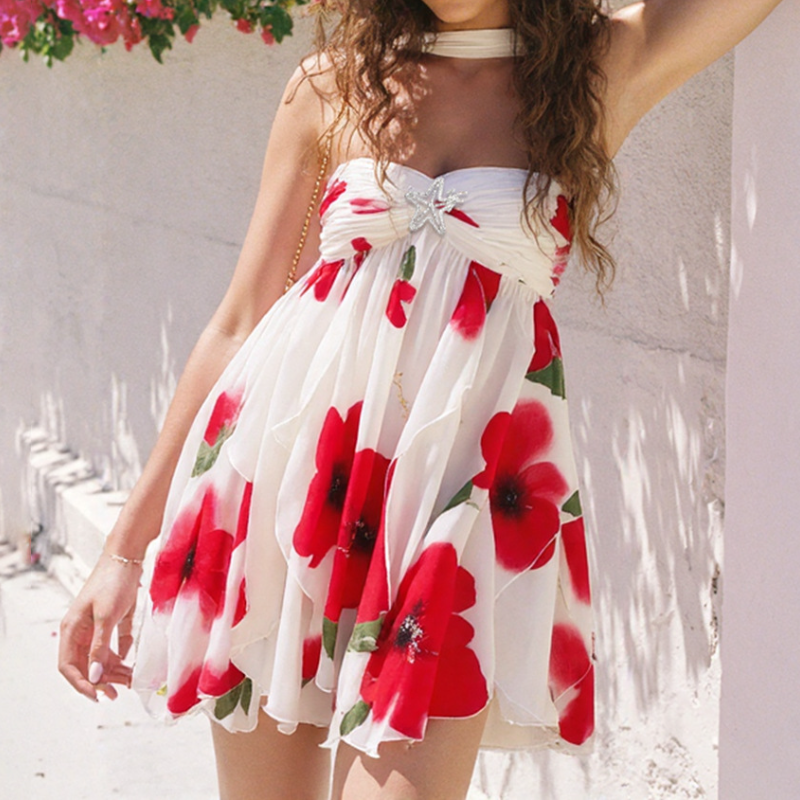 Halter ruched flower print ruffle mini dress  | Festival Outfits Women