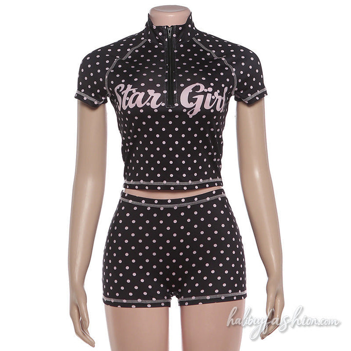 Short sleeve polka dot zip-up letter pattern stitch pant set
