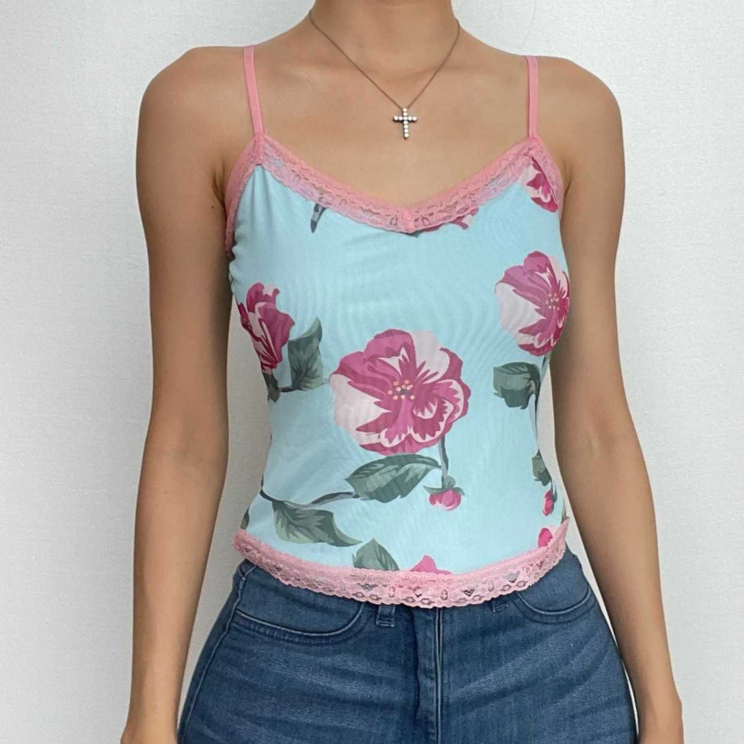 Lace hem flower print v neck contrast mesh top-final-sale  | Festival Outfits Women