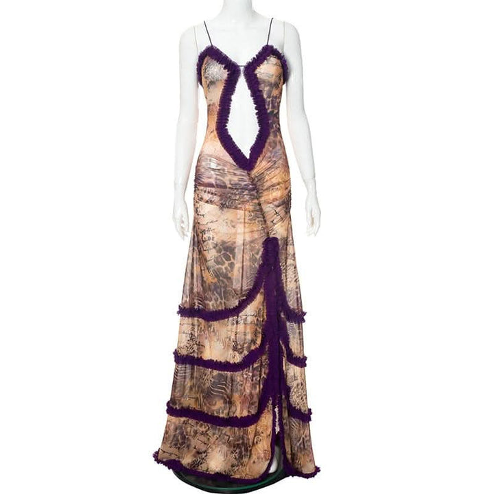 Ruffle spaghetti strap sheer mesh irregular slit maxi dress-final-sale