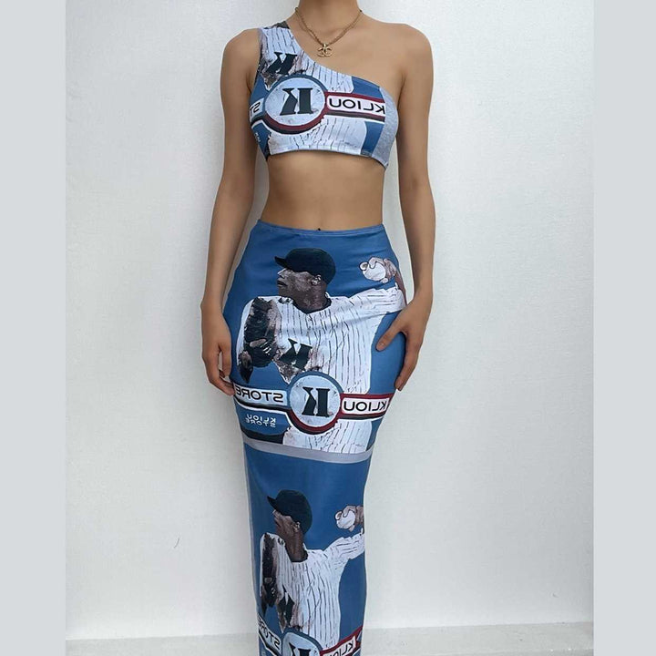One shoulder irregular sleeveless contrast print slit maxi skirt set-final-sale  | Festival Outfits Women