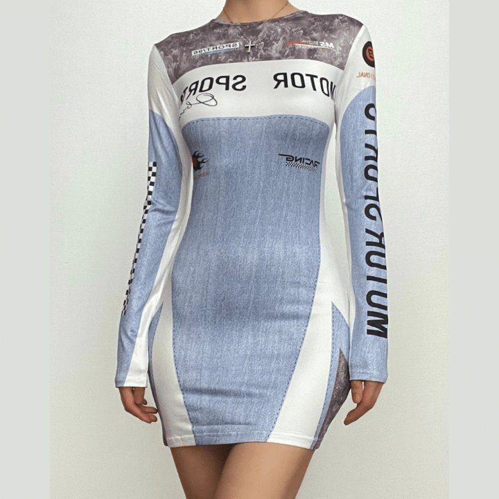 Contrast print long sleeve crewneck mini dress-final-sale  | Festival Outfits Women