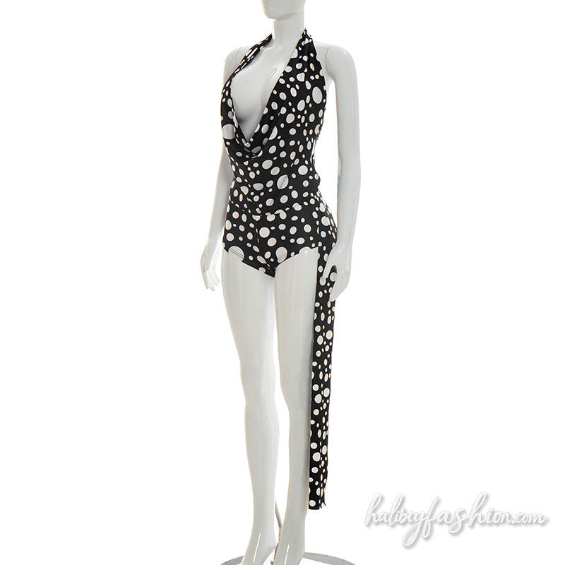 Halter self tie polka dot cowl neck pant set