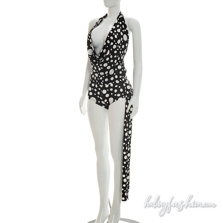Halter self tie polka dot cowl neck pant set
