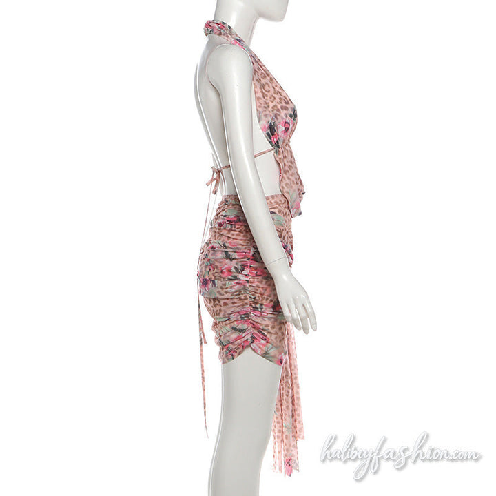 Leopard print ruched halter irregular mini skirt set