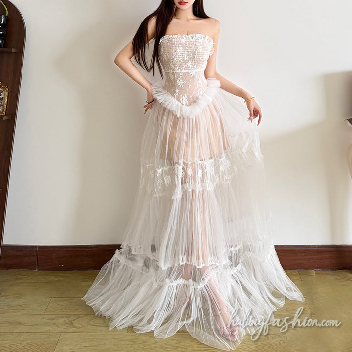 Mesh ruffle halter ruched backless maxi dress