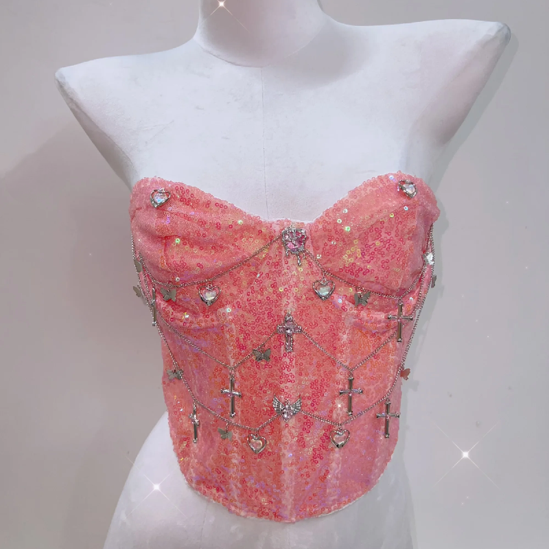 Glitter metal chain butterfly applique tube top  | Festival Outfits Women