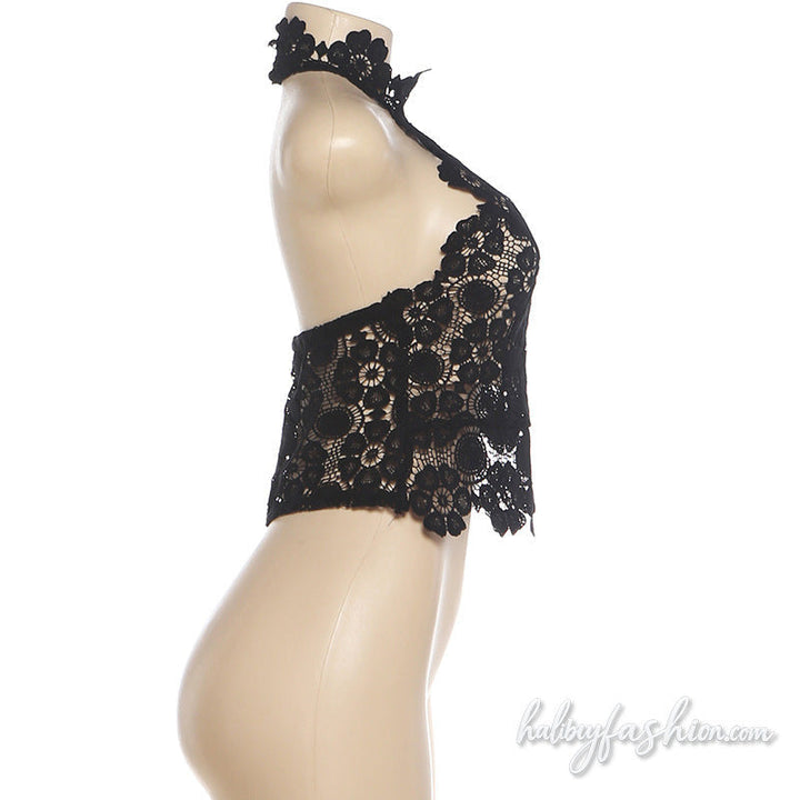 Hollow out halter zip-up backless lace top - Halibuy - 3