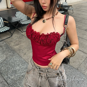 Lace patchwork ruched solid cami top
