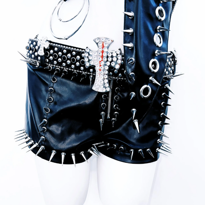 Irregular rivet applique o ring PU leather backless top  | Festival Outfits Women