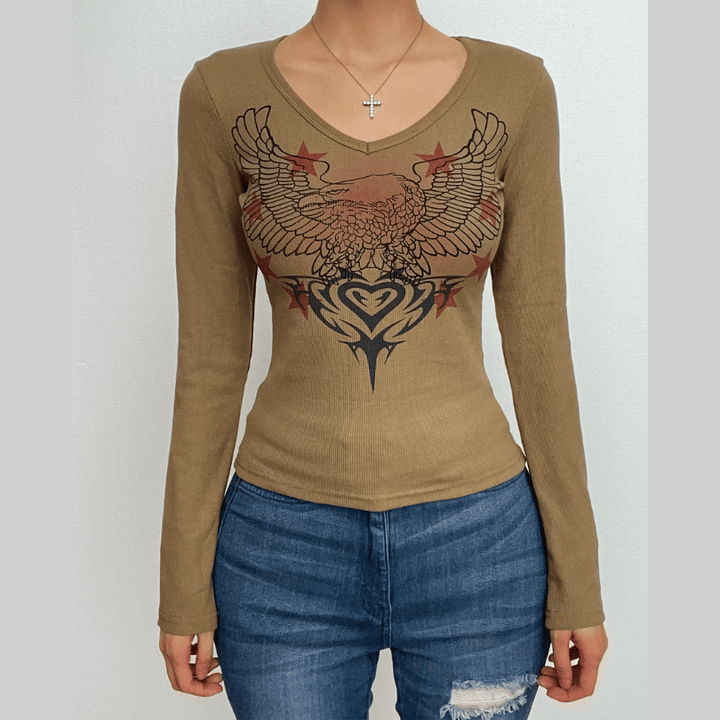 Abstract long sleeve contrast print v neck top  | Festival Outfits Women