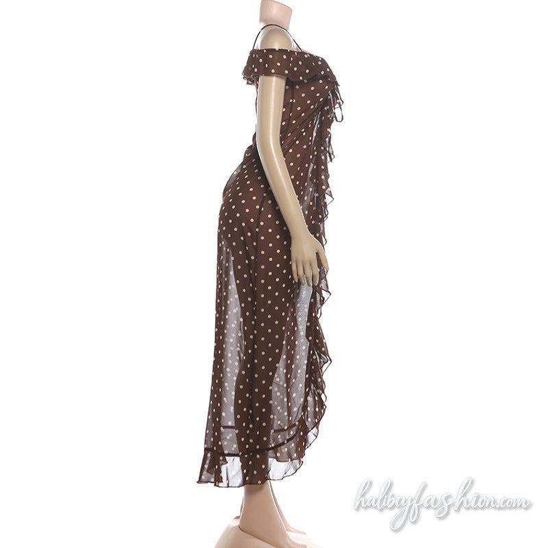 Off shoulder polka dot ruffle high slit cami top