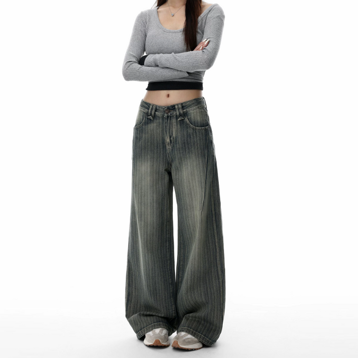 Striped pocket button low rise straight leg | Baggy Low Rise Jeans