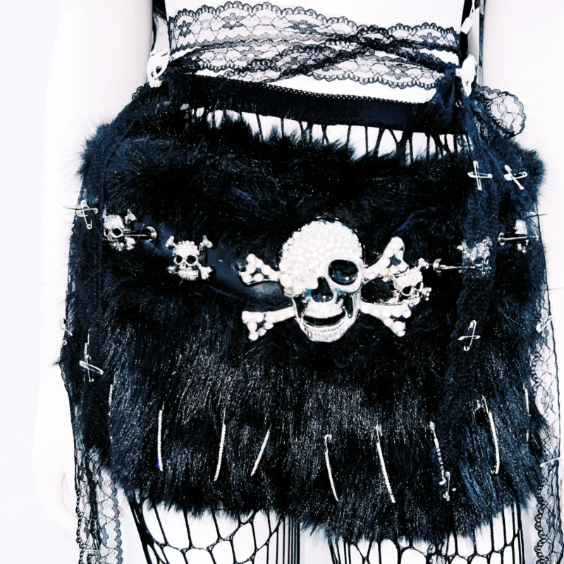 Long sleeve fluffy rivet skull applique top  | Festival Outfits Women