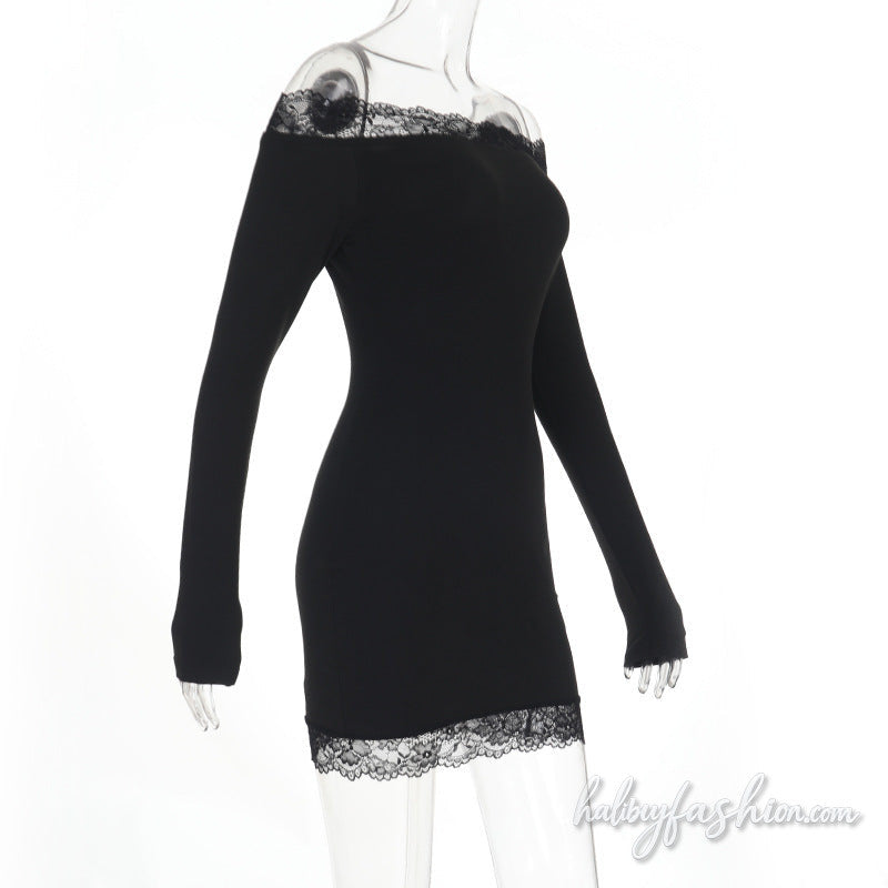 Off shoulder lace hem long sleeve solid mini dress