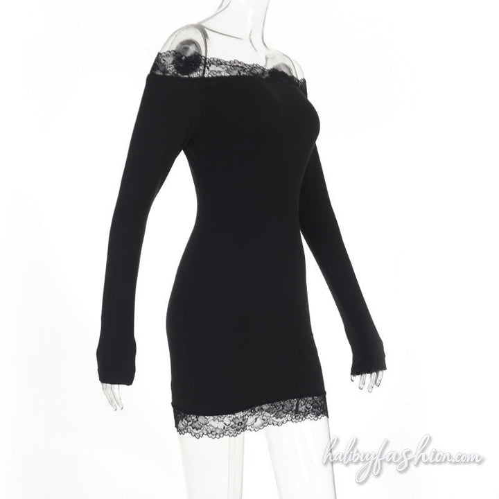 Off shoulder lace hem long sleeve solid mini dress
